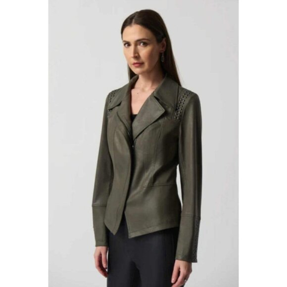 JOSEPH RIBKOFF Zip Up Moto Jacket Size Small Faux Leather Greenish Gray Studded - Picture 1 of 10